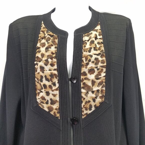 MISOOK Long Cardigan Jacket Women's L Black Leopard Trim Button Up Textured Knit - Picture 2 of 13